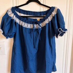 Blue Off-Shoulder Lace Trim Peasant Top